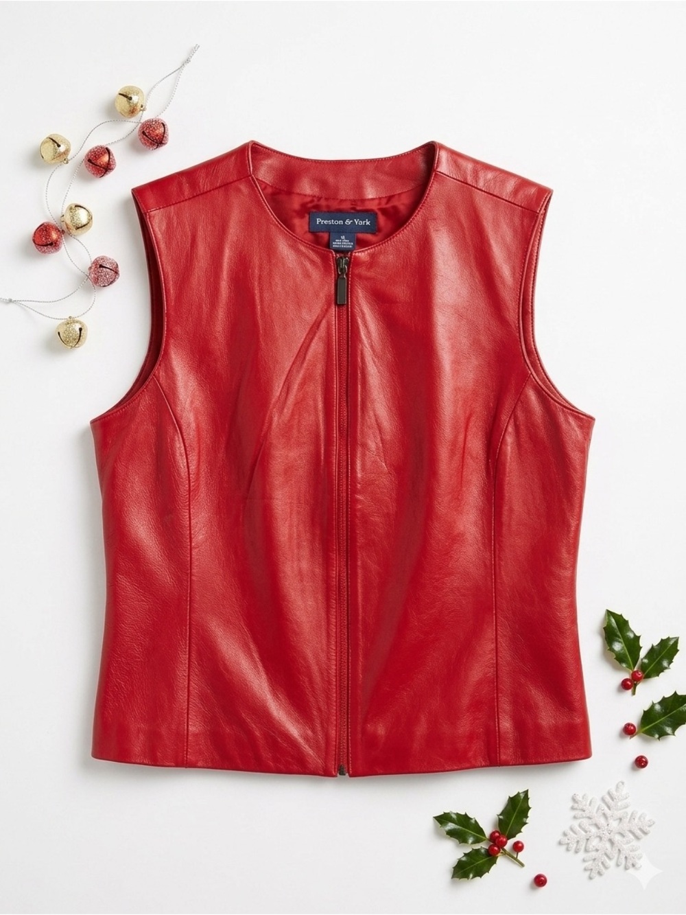 Preston & York Women's Red Leather Zip-Front Vest